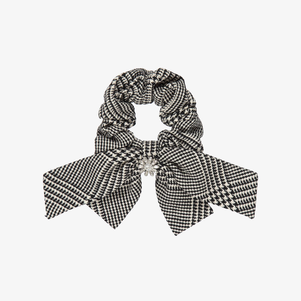 Self-Portrait-Girls Black & Beige Houndstooth Check Hair Scrunchie (23cm) | Childrensalon Outlet