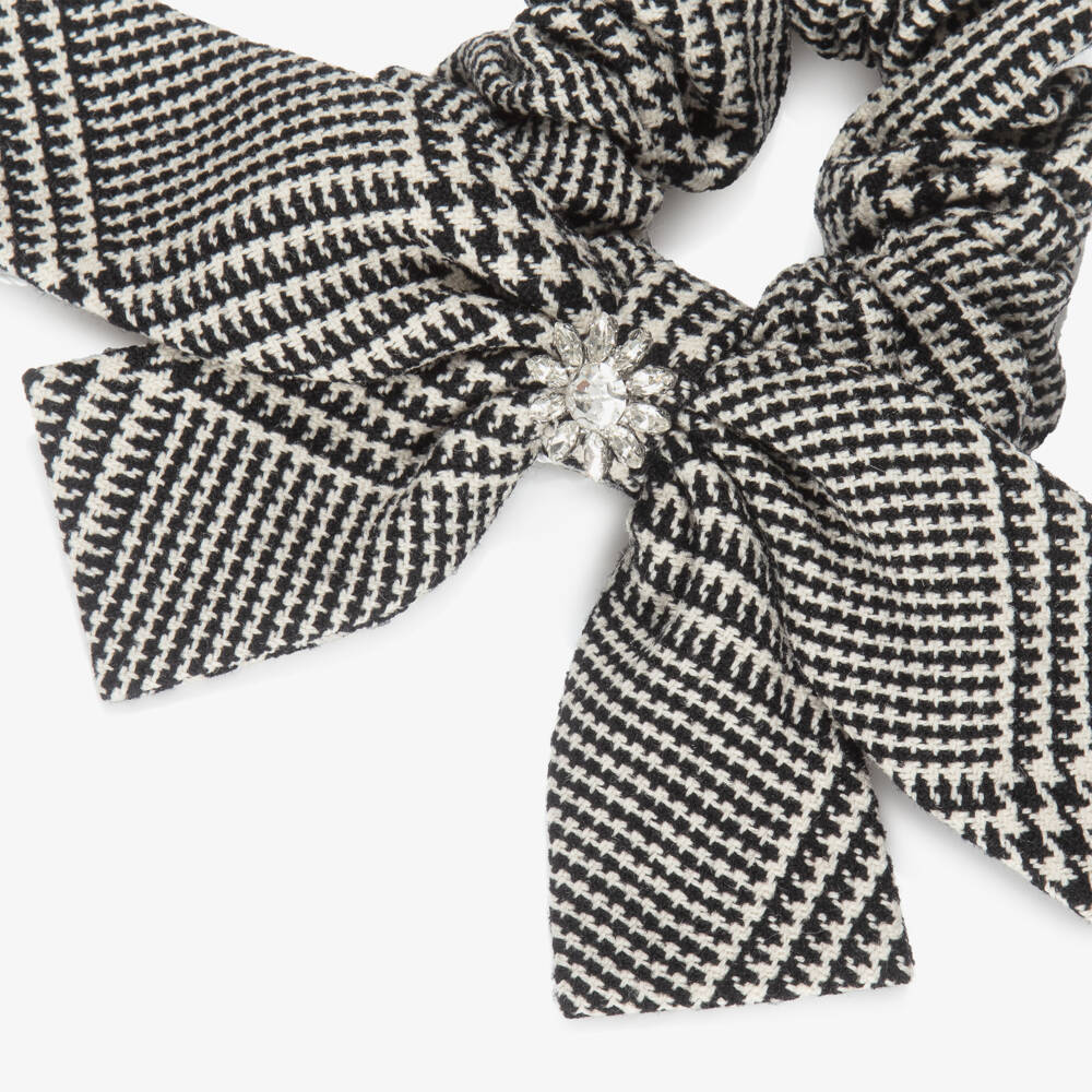 Self-Portrait-Girls Black & Beige Houndstooth Check Hair Scrunchie (23cm) | Childrensalon Outlet