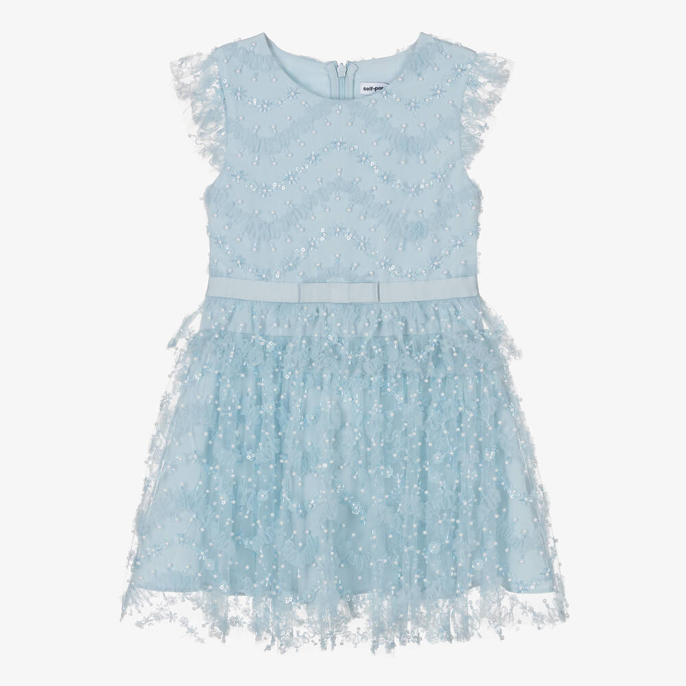 Self-Portrait-Girls Blue Bead & Faux Pearl Tulle Dress | Childrensalon Outlet