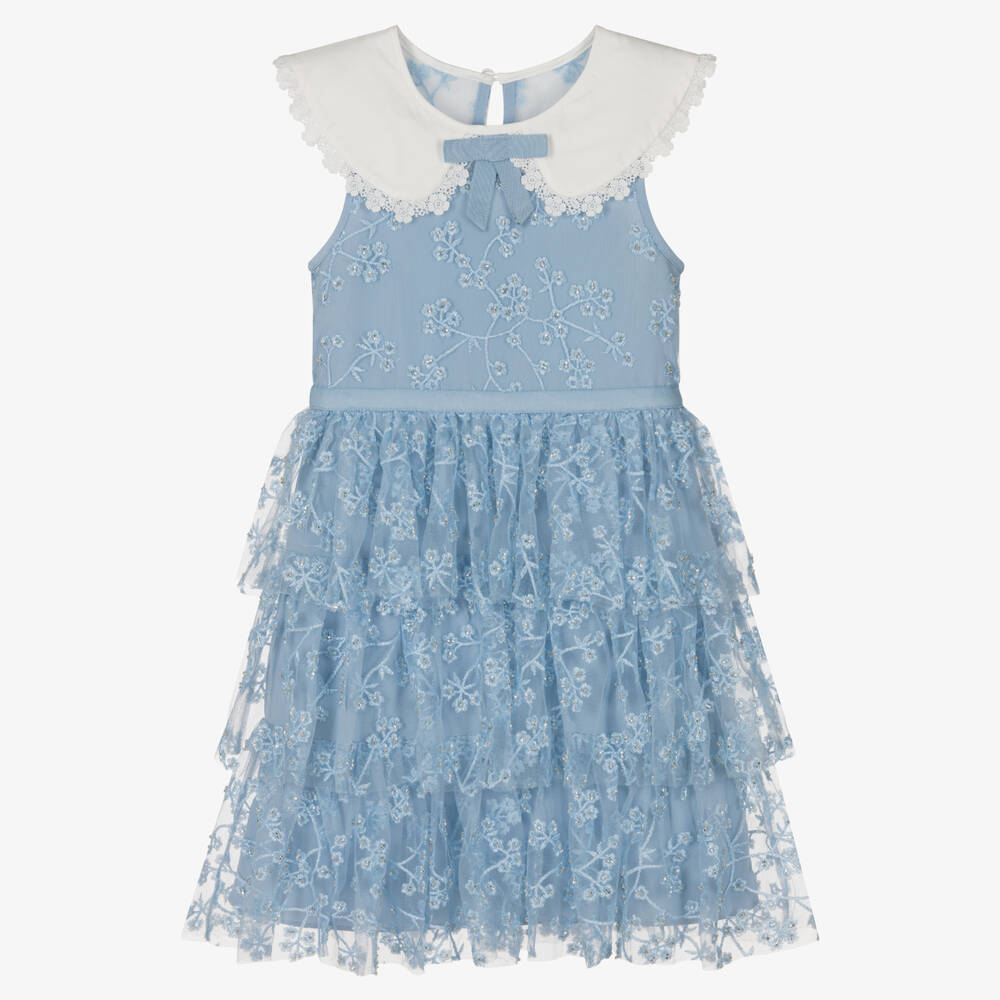 Self-Portrait - Girls Blue Beaded Tulle Dress | Childrensalon