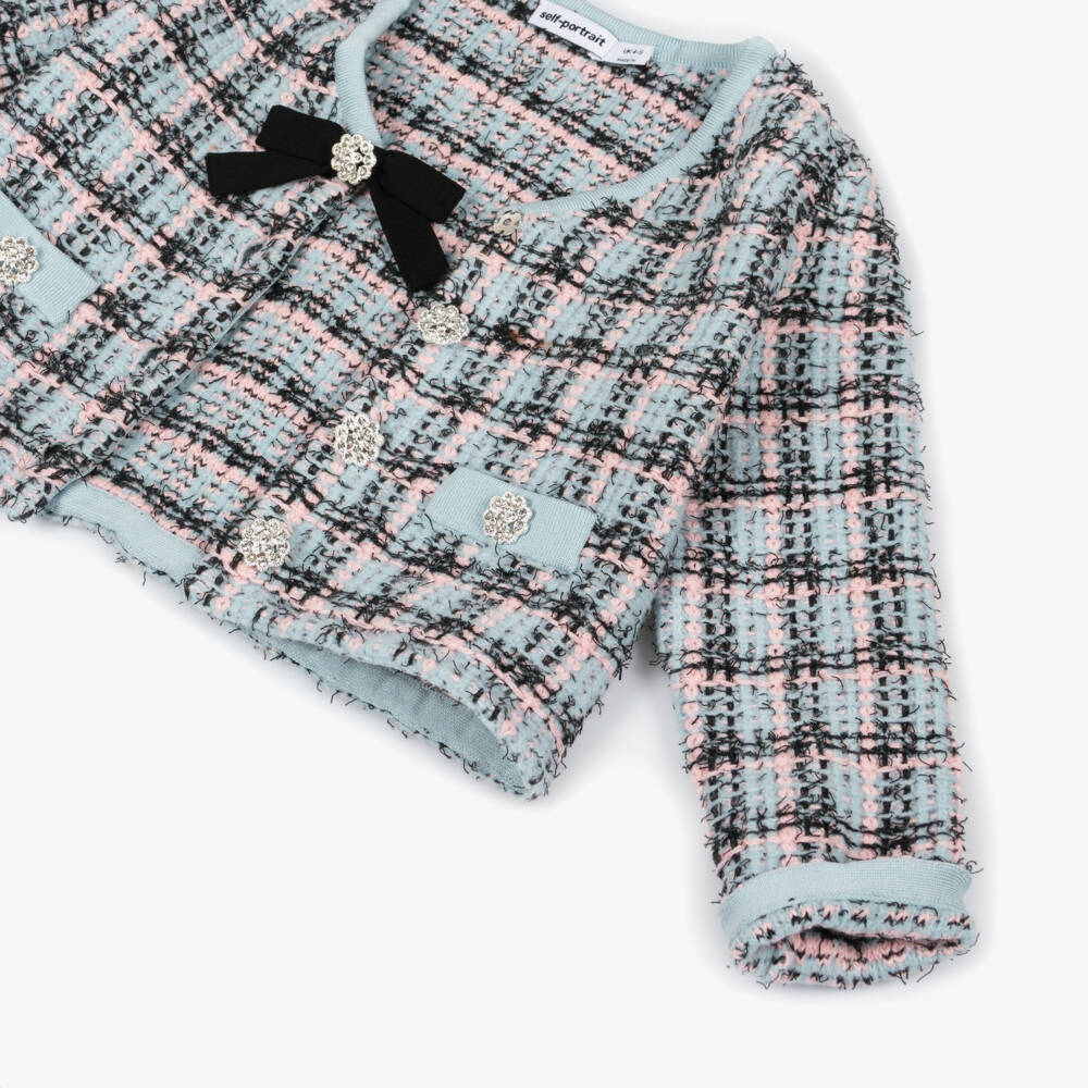 Self-Portrait-Girls Blue & Black Knitted Tweed-Effect Cardigan | Childrensalon Outlet