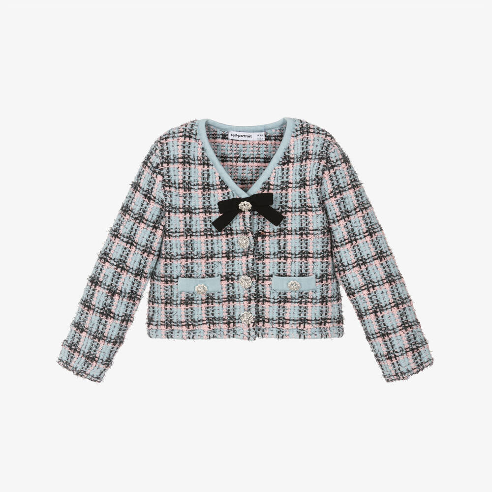 Self-Portrait-Girls Blue & Black Knitted Tweed-Effect Cardigan | Childrensalon Outlet