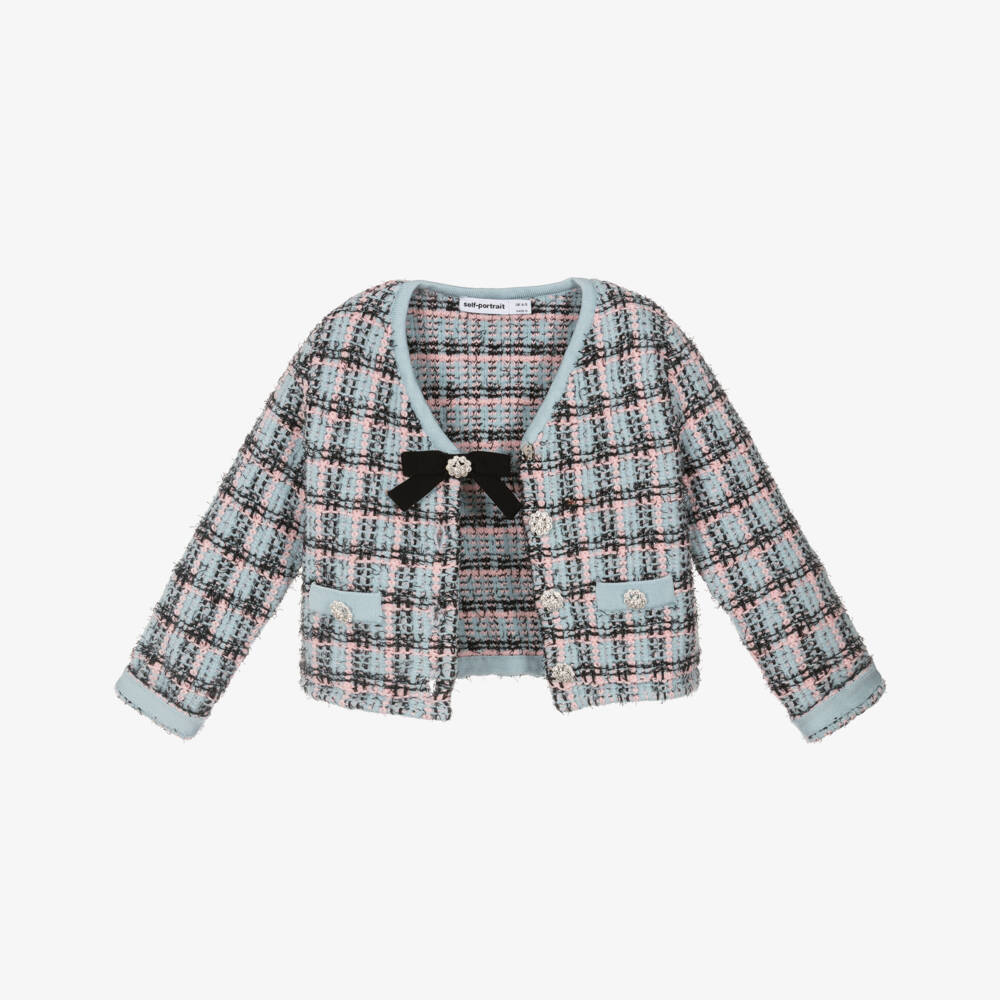 Self-Portrait-Girls Blue & Black Knitted Tweed-Effect Cardigan | Childrensalon Outlet