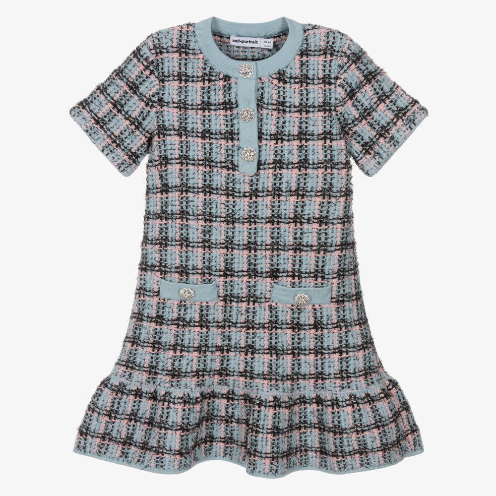 Self-Portrait-Girls Blue & Black Knitted Tweed-Effect Dress | Childrensalon Outlet