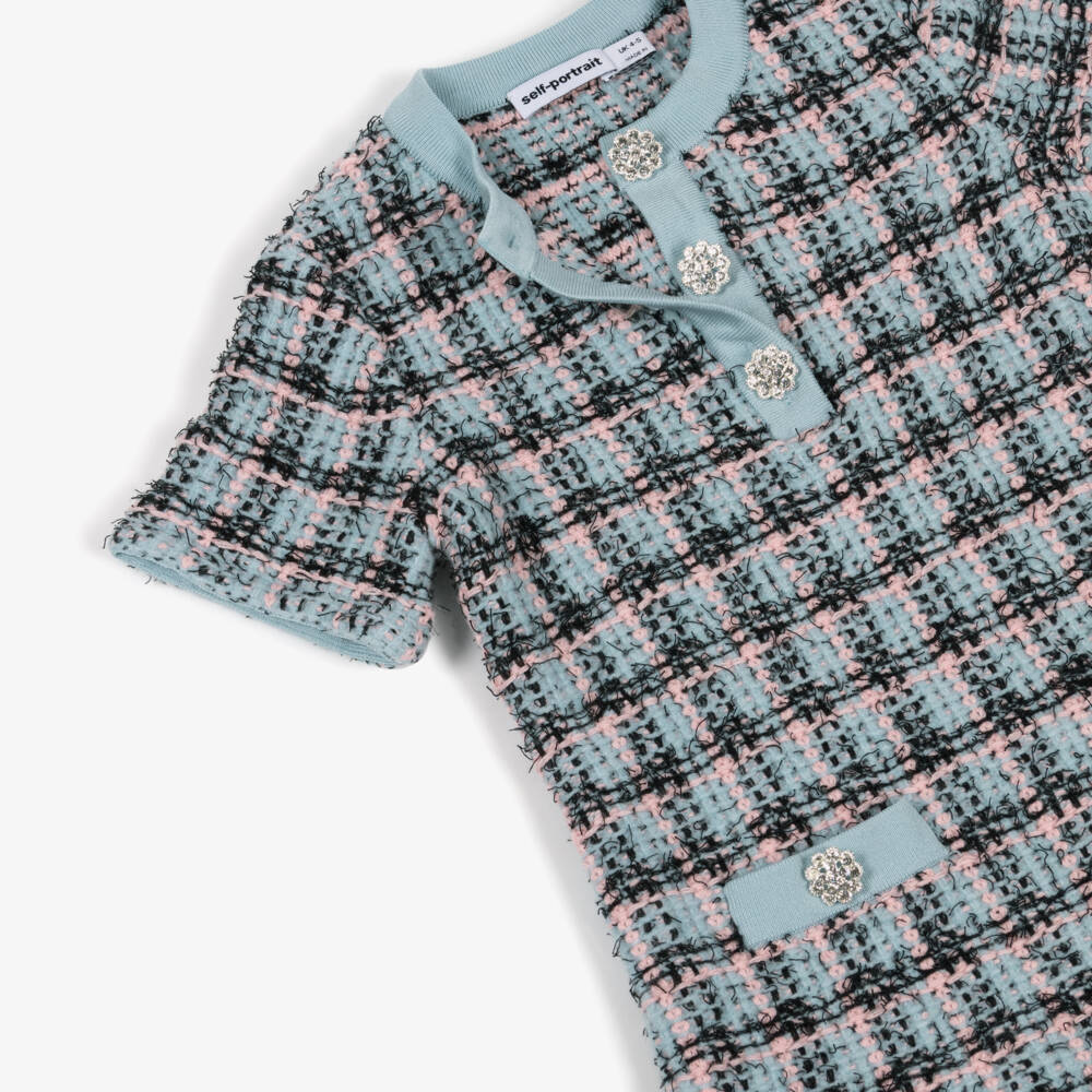 Self-Portrait-Girls Blue & Black Knitted Tweed-Effect Dress | Childrensalon Outlet