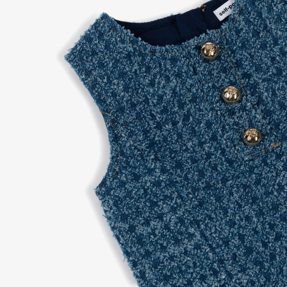 Self-Portrait-Girls Blue Denim Dress with Heart Pockets & Gold Logo Buttons | Childrensalon Outlet