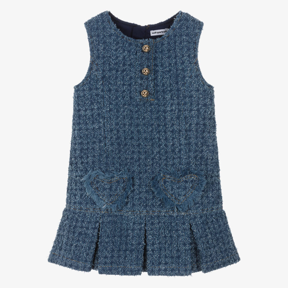 Self-Portrait-Girls Blue Denim Dress with Heart Pockets & Gold Logo Buttons | Childrensalon Outlet