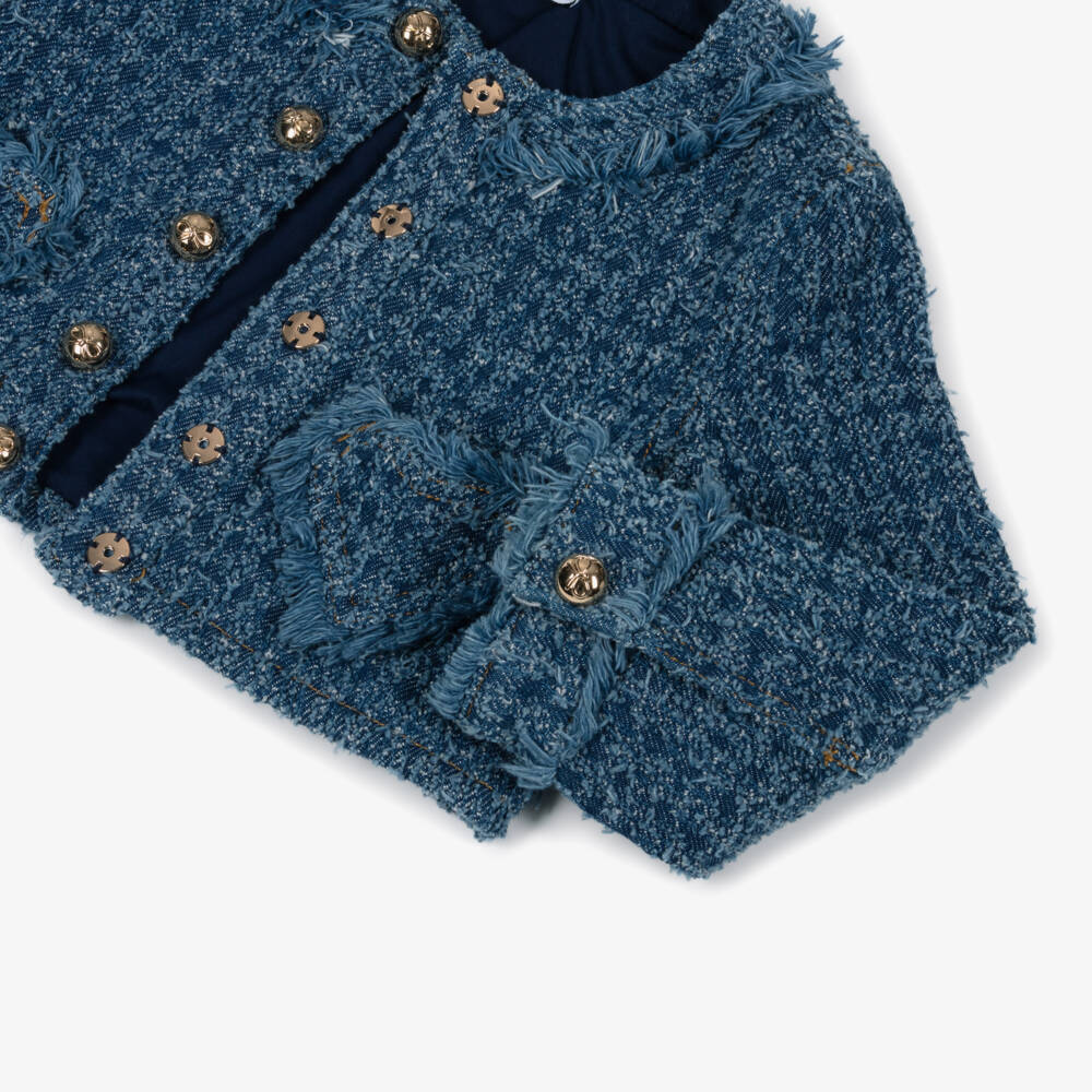 Self-Portrait-Girls Blue Denim Jacket with Heart Pockets & Gold Logo Buttons | Childrensalon Outlet