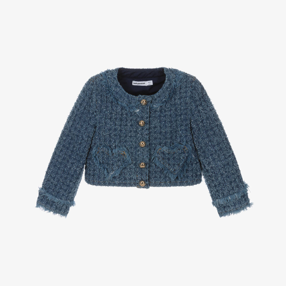 Self-Portrait-Girls Blue Denim Jacket with Heart Pockets & Gold Logo Buttons | Childrensalon Outlet