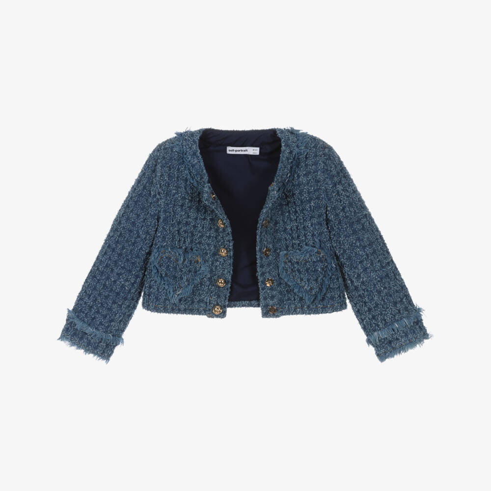 Self-Portrait-Girls Blue Denim Jacket with Heart Pockets & Gold Logo Buttons | Childrensalon Outlet