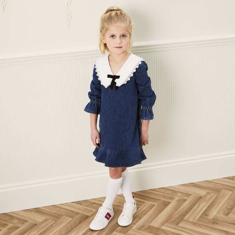 Self Portrait Girls Blue Denim Lace Collar Dress