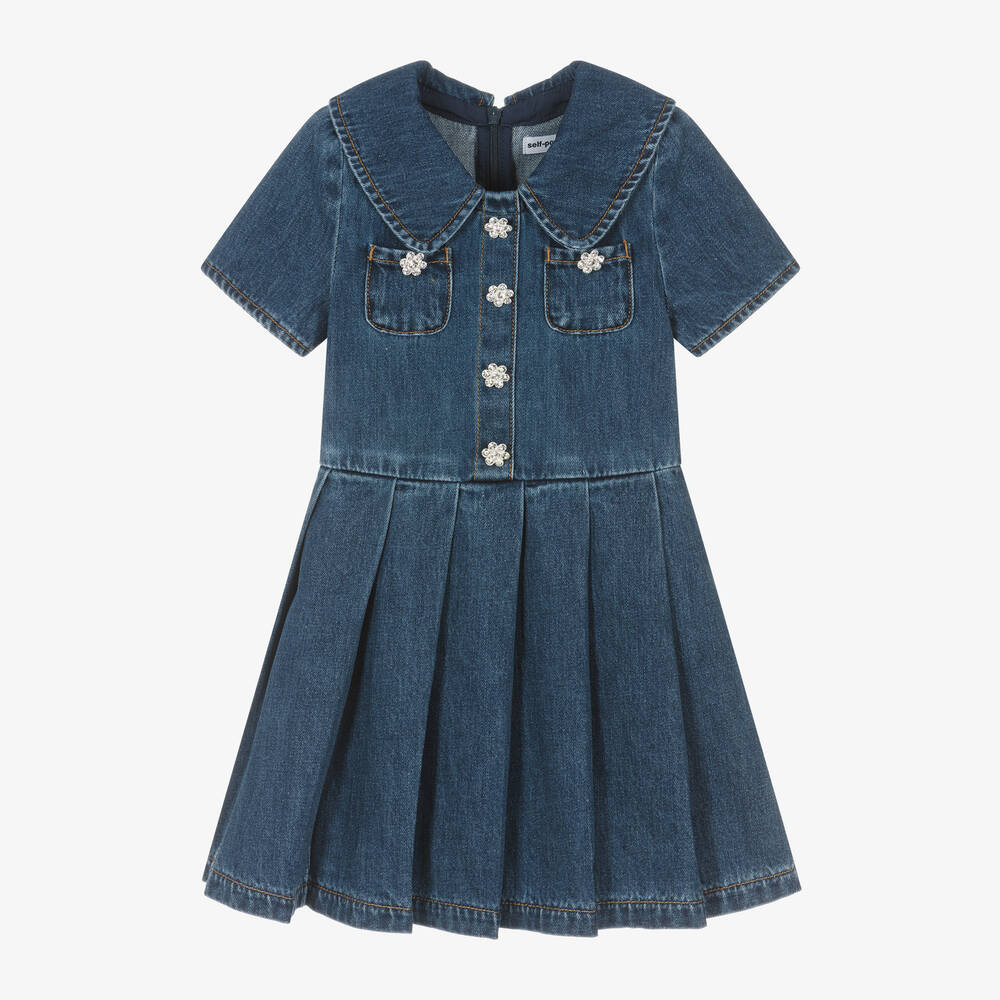 Self-Portrait-Girls Blue Denim Sparkle Button Dress | Childrensalon Outlet