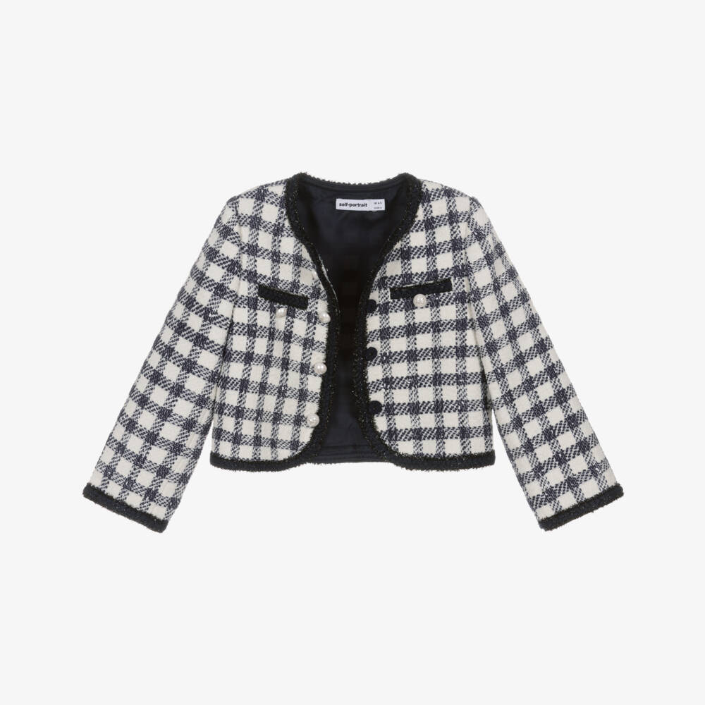 Self-Portrait-Girls Blue & Ivory Check Boucle Jacket with Pearl Logo Buttons | Childrensalon Outlet