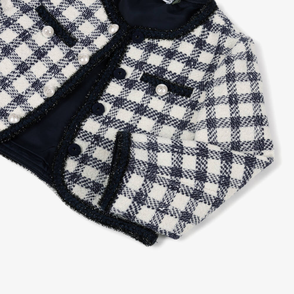 Self-Portrait-Girls Blue & Ivory Check Boucle Jacket with Pearl Logo Buttons | Childrensalon Outlet