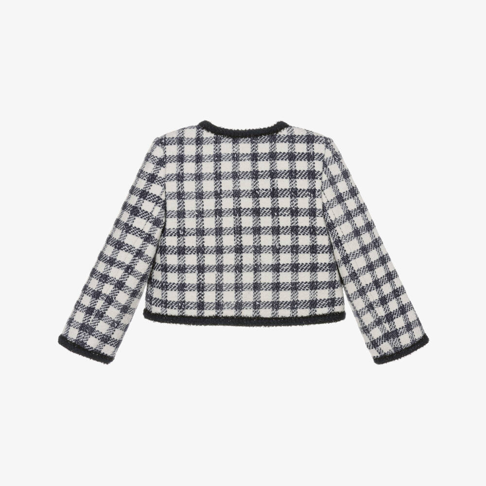 Self-Portrait-Girls Blue & Ivory Check Boucle Jacket with Pearl Logo Buttons | Childrensalon Outlet