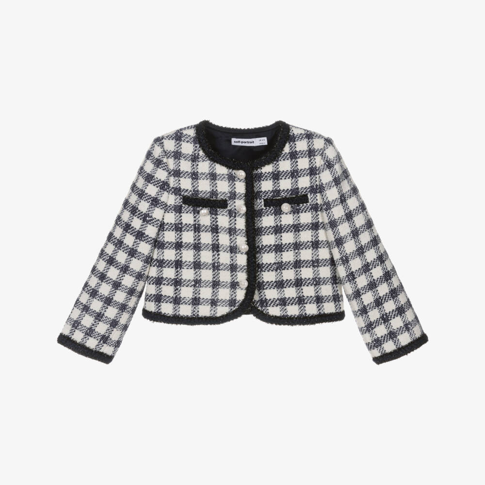 Self-Portrait-Girls Blue & Ivory Check Boucle Jacket with Pearl Logo Buttons | Childrensalon Outlet