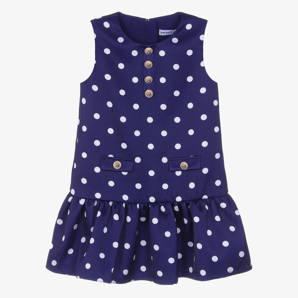 Self-Portrait-Girls Blue Satin Polka Dot Dress | Childrensalon Outlet
