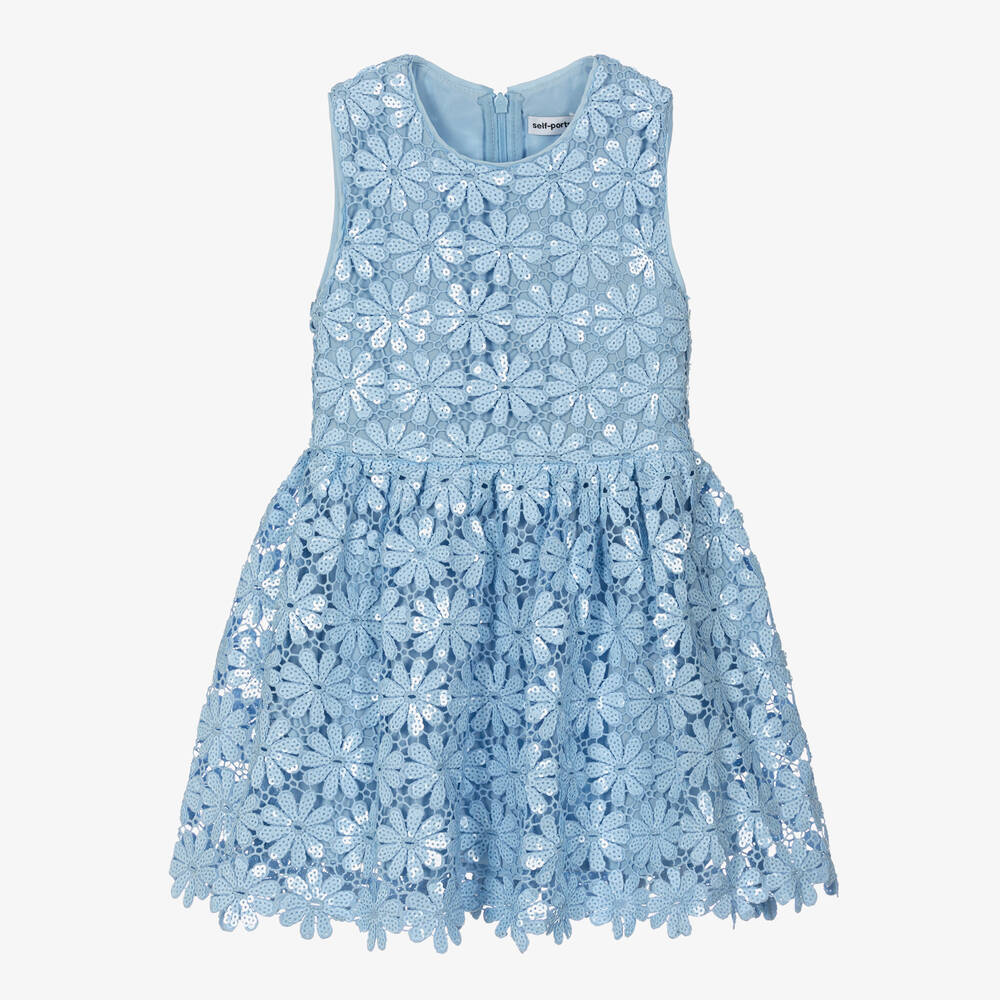 Self-Portrait-Girls Blue Sequinned Guipure Lace Dress | Childrensalon Outlet