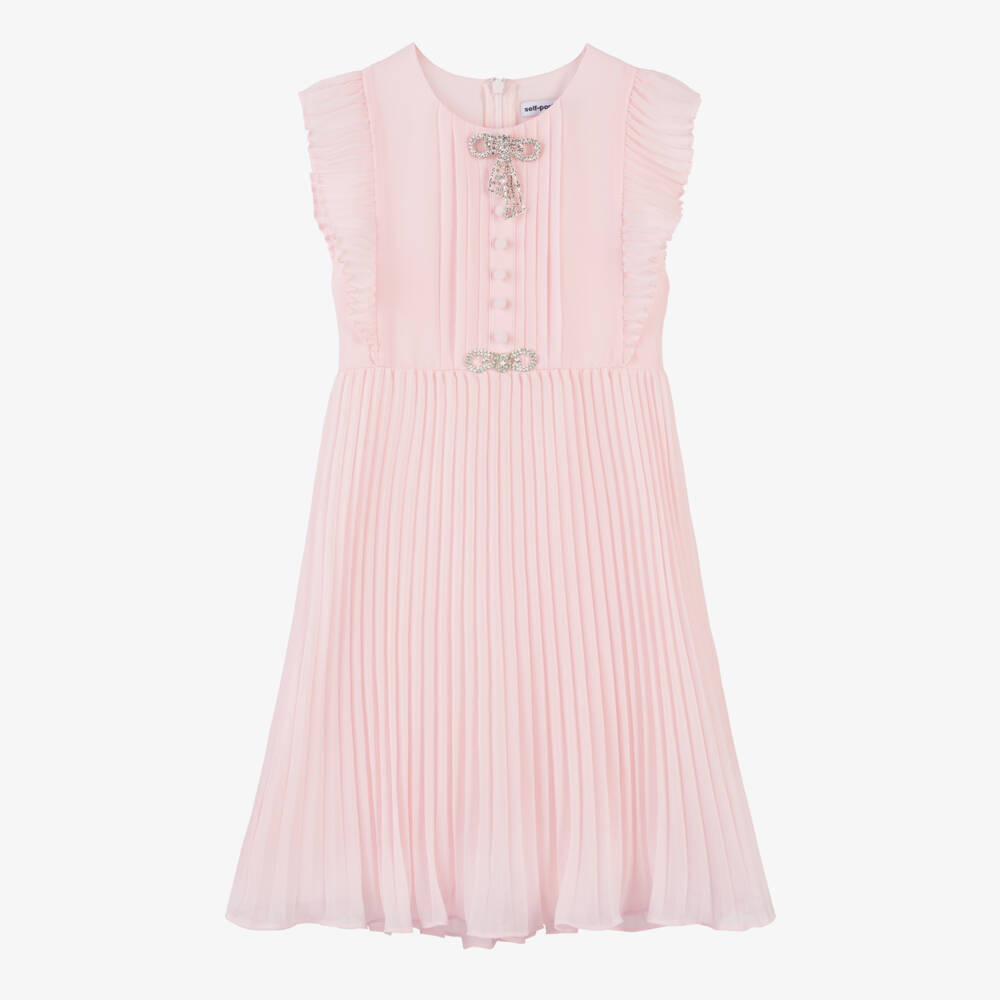 Self-Portrait-Girls Blush Pleated Diamante Bow Frock | Childrensalon Outlet