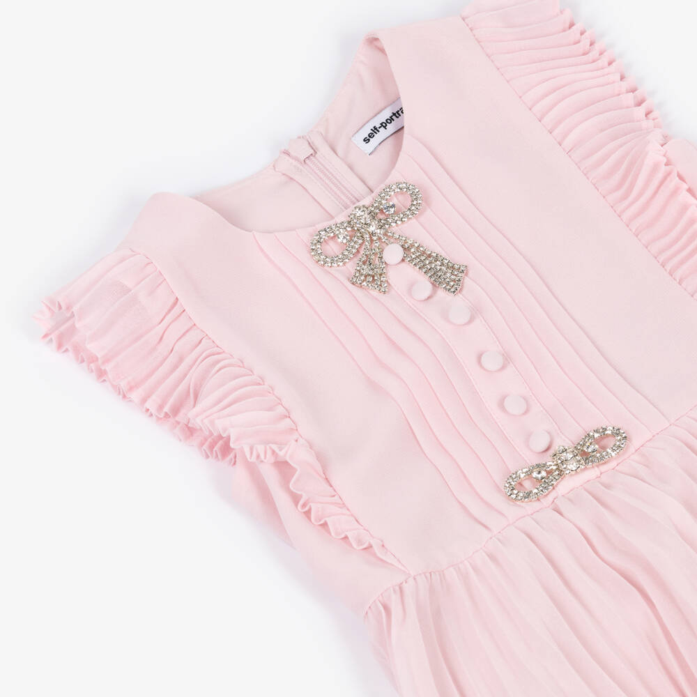 Self-Portrait-Girls Blush Pleated Diamante Bow Frock | Childrensalon Outlet