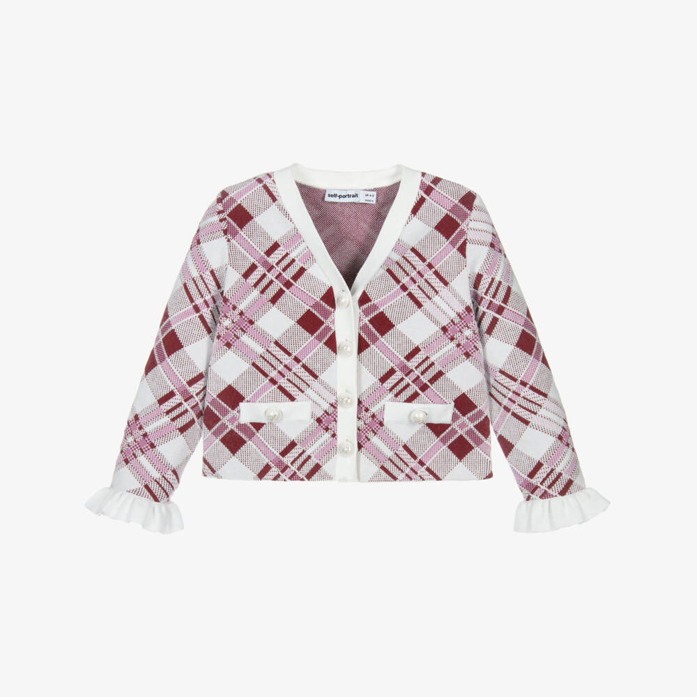 Self-Portrait-Girls Burgundy Check Knit Cardigan | Childrensalon Outlet