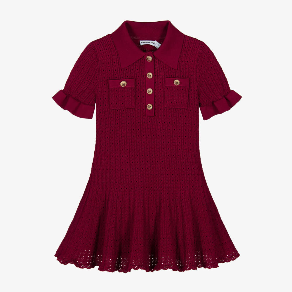 Self-Portrait-Girls Burgundy Red Pointelle Knit Dress | Childrensalon Outlet