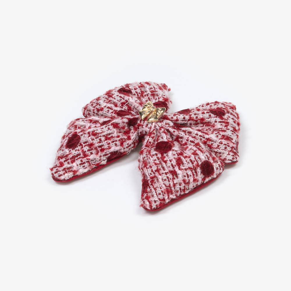 Self-Portrait-Girls Burgundy Red Tweed Polka Dot Bow Hair Clip (14cm) | Childrensalon Outlet