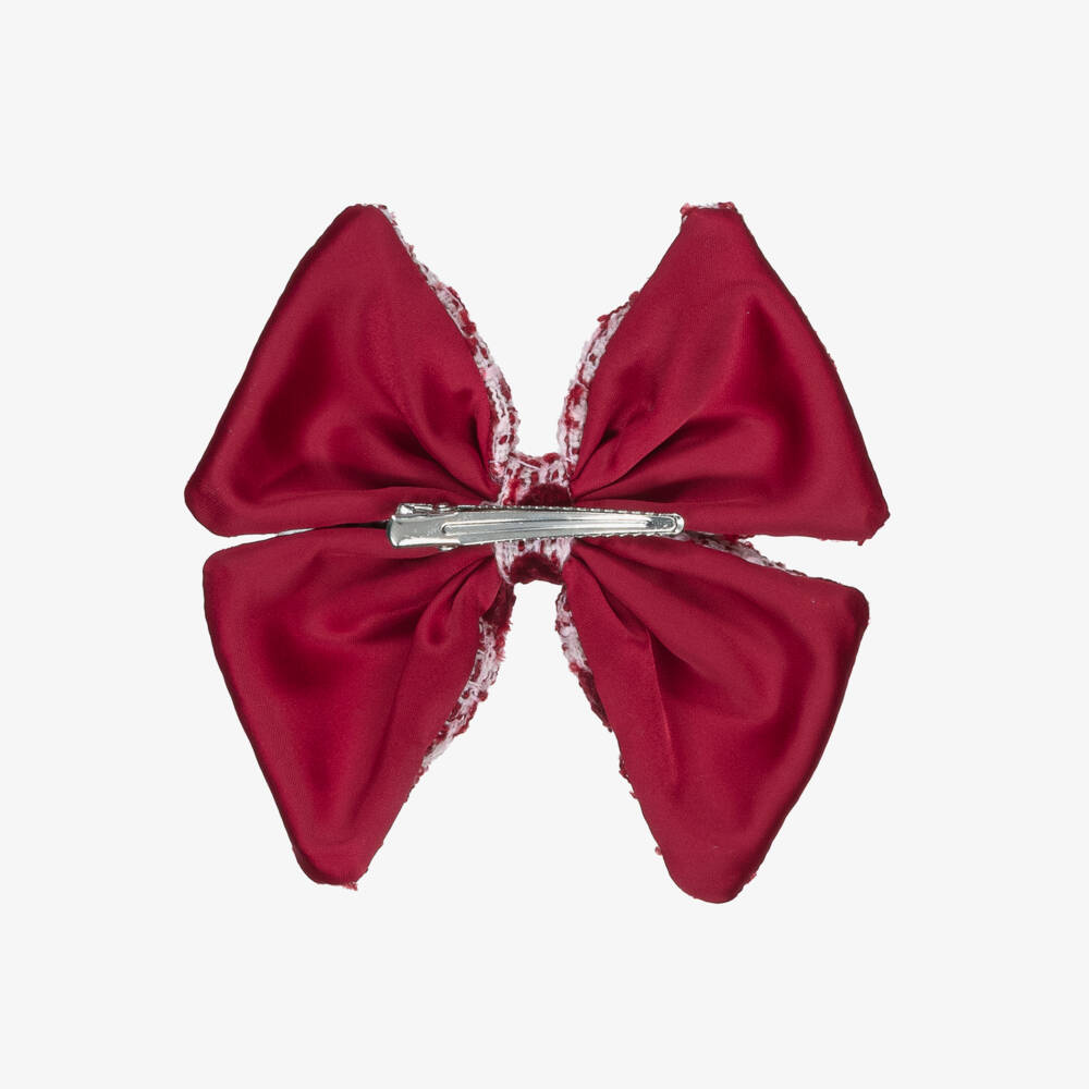 Self-Portrait-Girls Burgundy Red Tweed Polka Dot Bow Hair Clip (14cm) | Childrensalon Outlet
