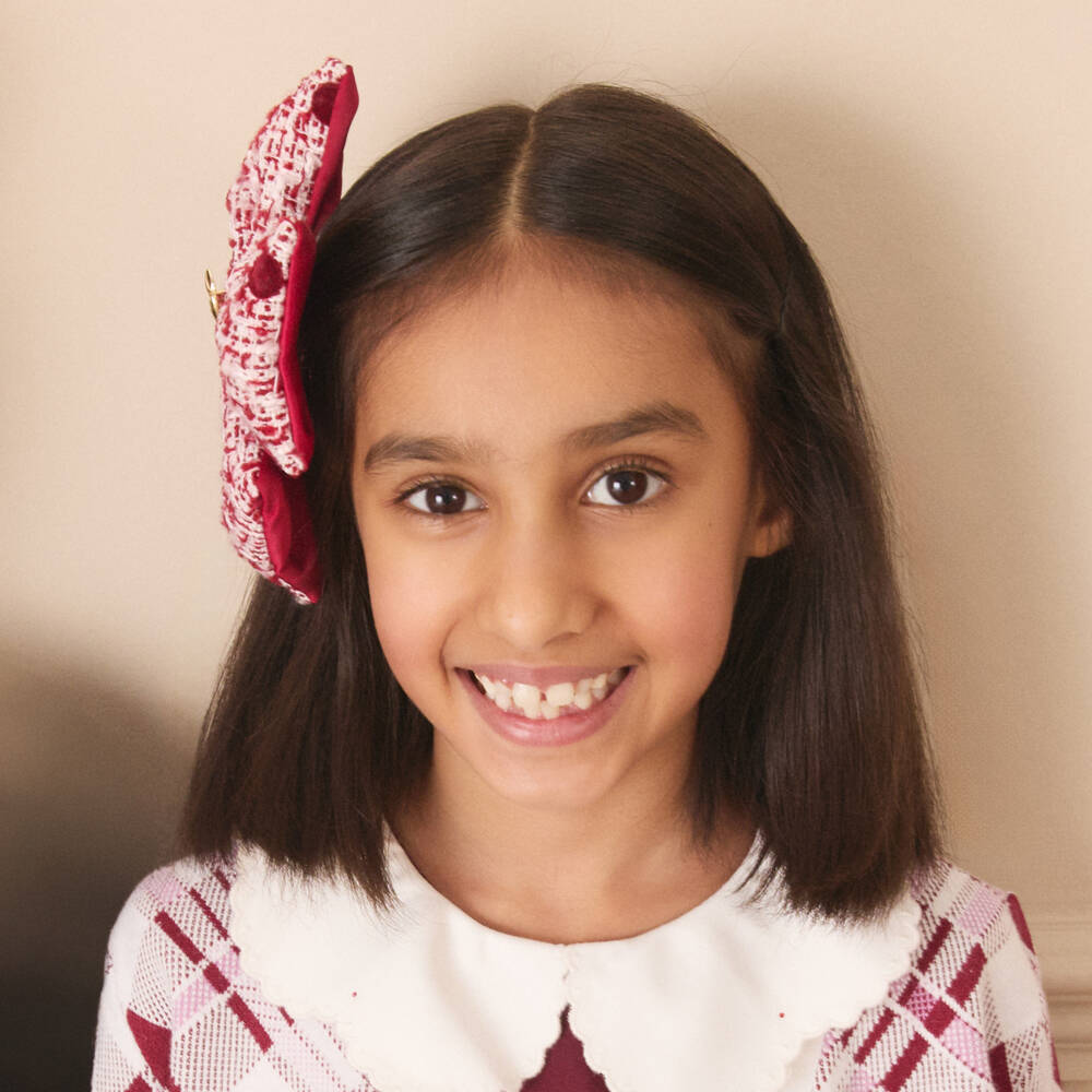 Self-Portrait-Girls Burgundy Red Tweed Polka Dot Bow Hair Clip (14cm) | Childrensalon Outlet