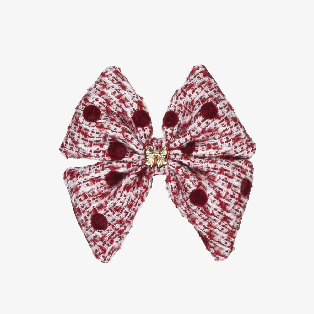 Self-Portrait-Girls Burgundy Red Tweed Polka Dot Bow Hair Clip (14cm) | Childrensalon Outlet