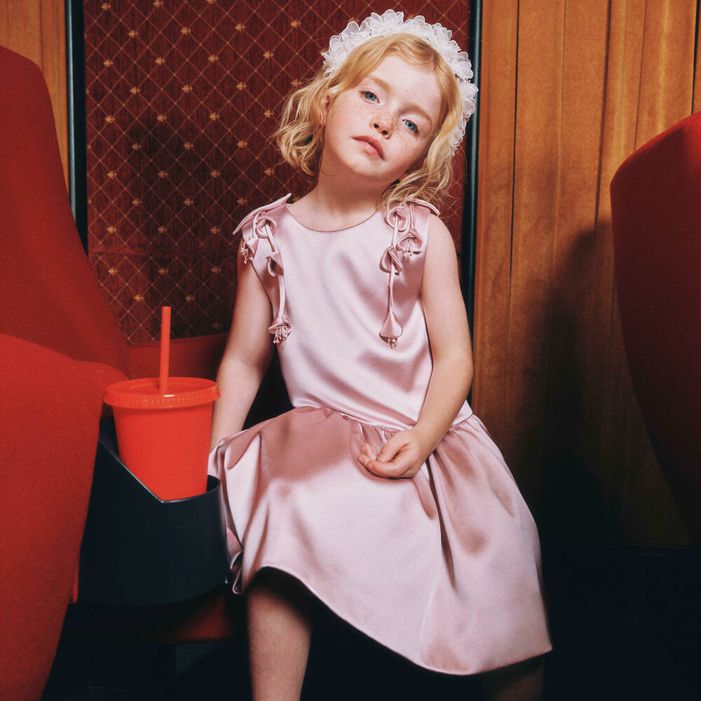 Self-Portrait-Girls Dusky Pink Satin 3D Flower Dress | Childrensalon Outlet