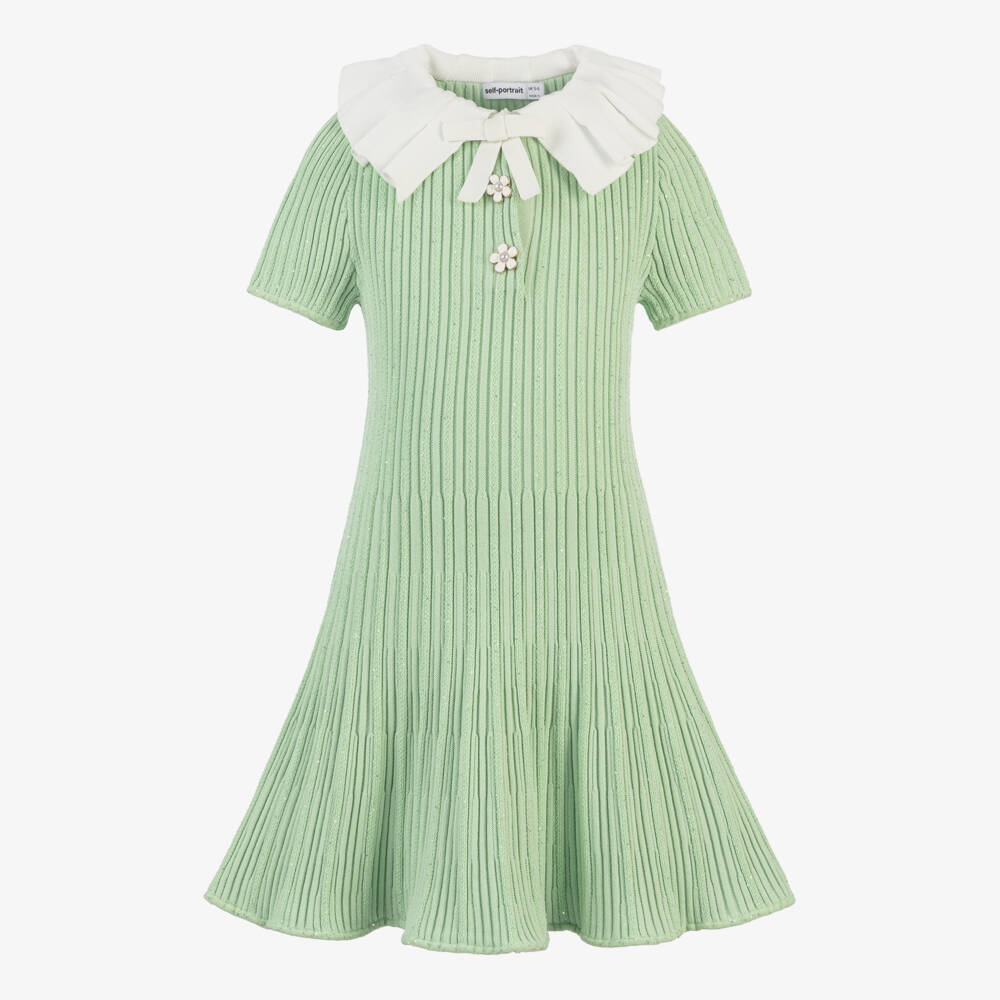 Self-Portrait-Girls Emerald Knit Dress with Floral Accents | Childrensalon Outlet