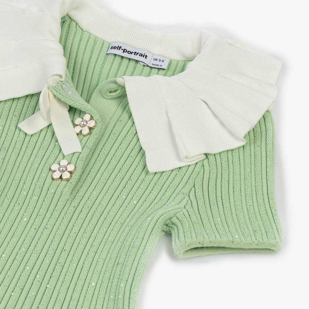 Self-Portrait-Girls Emerald Knit Dress with Floral Accents | Childrensalon Outlet