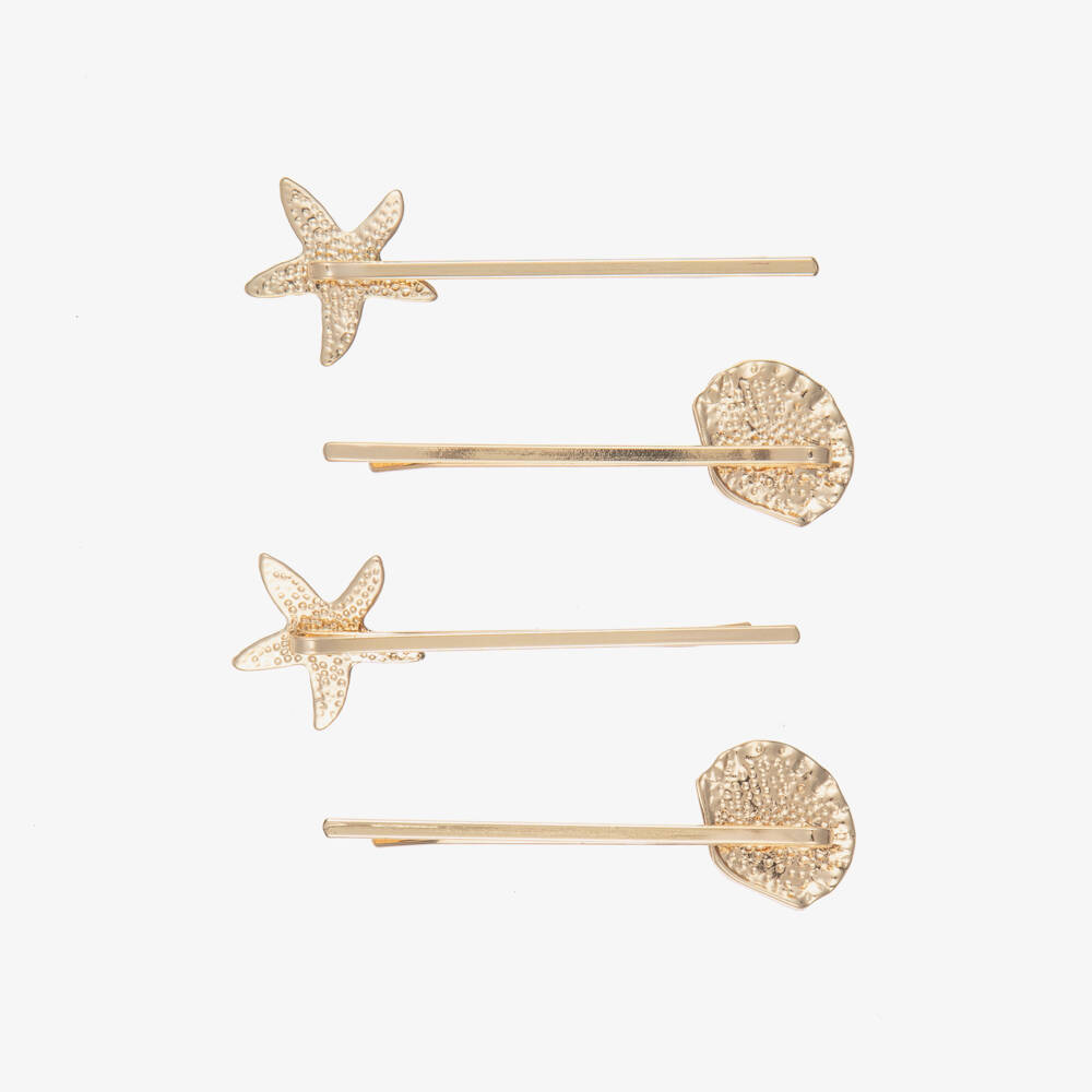 Self-Portrait-Girls Gold Shell & Starfish Hair Slides (4 Pack) | Childrensalon Outlet