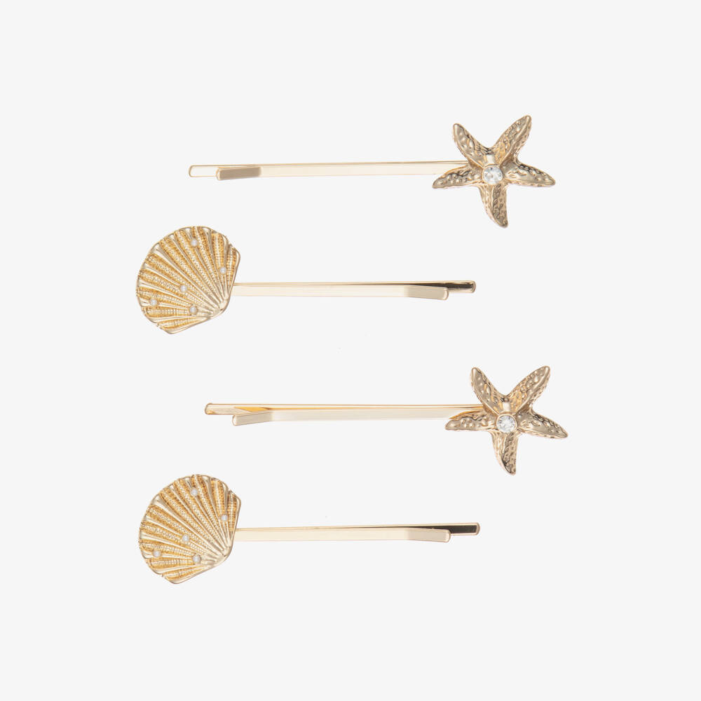 Self-Portrait-Girls Gold Shell & Starfish Hair Slides (4 Pack) | Childrensalon Outlet