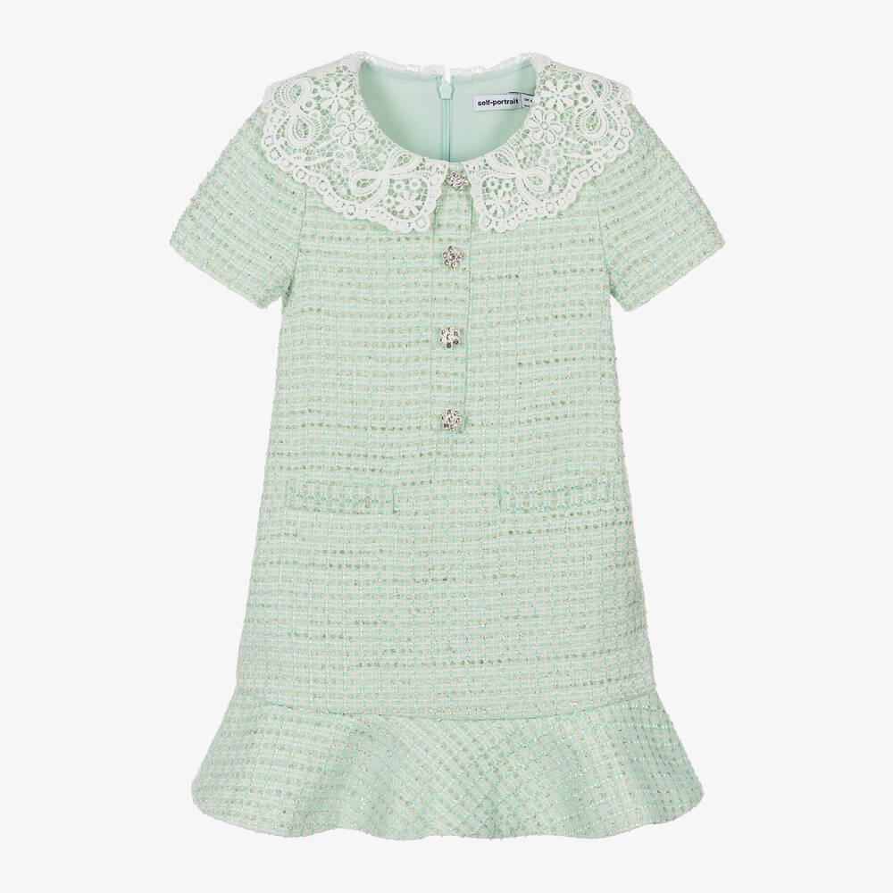 Self-Portrait-Girls Green Bouclé Tweed & Lace Dress | Childrensalon Outlet