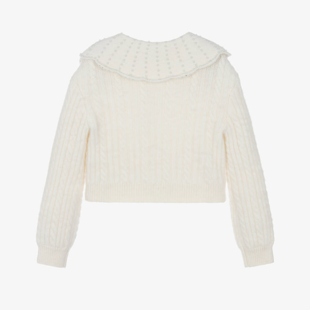 Self-Portrait-Girls Ivory Cable Knit Wool Cardigan with Pearls & Diamantés | Childrensalon Outlet