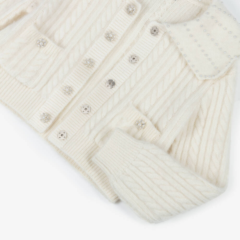 Self-Portrait-Girls Ivory Cable Knit Wool Cardigan with Pearls & Diamantés | Childrensalon Outlet