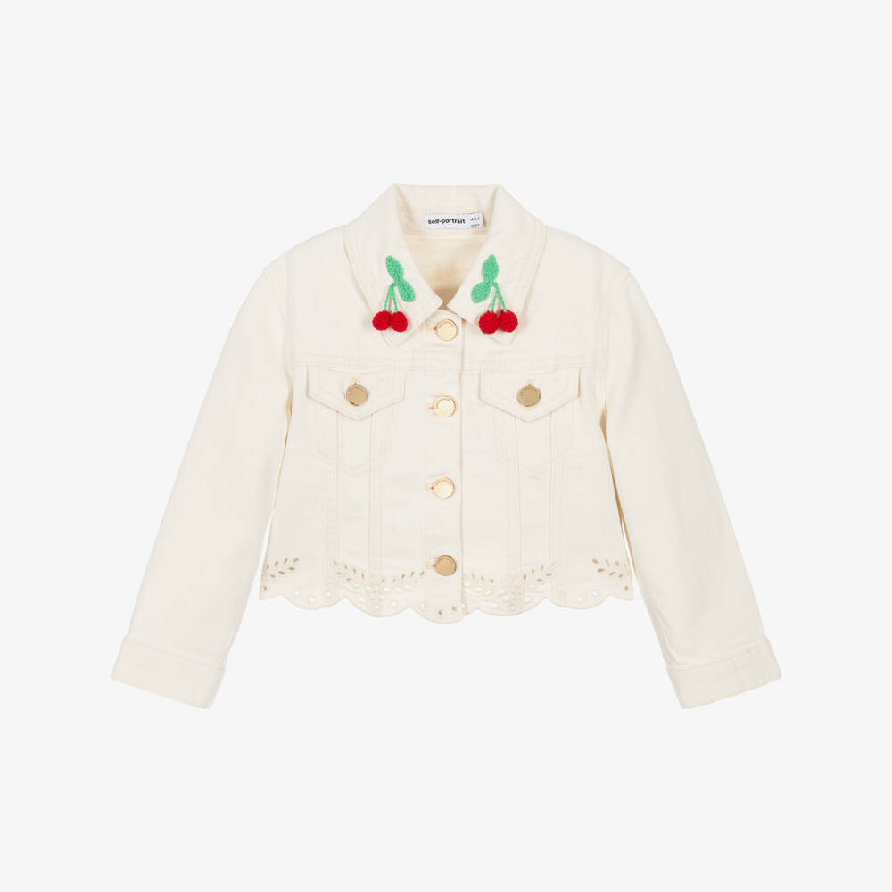 Self-Portrait-Girls Ivory Denim Jacket with Cherry Motifs | Childrensalon Outlet