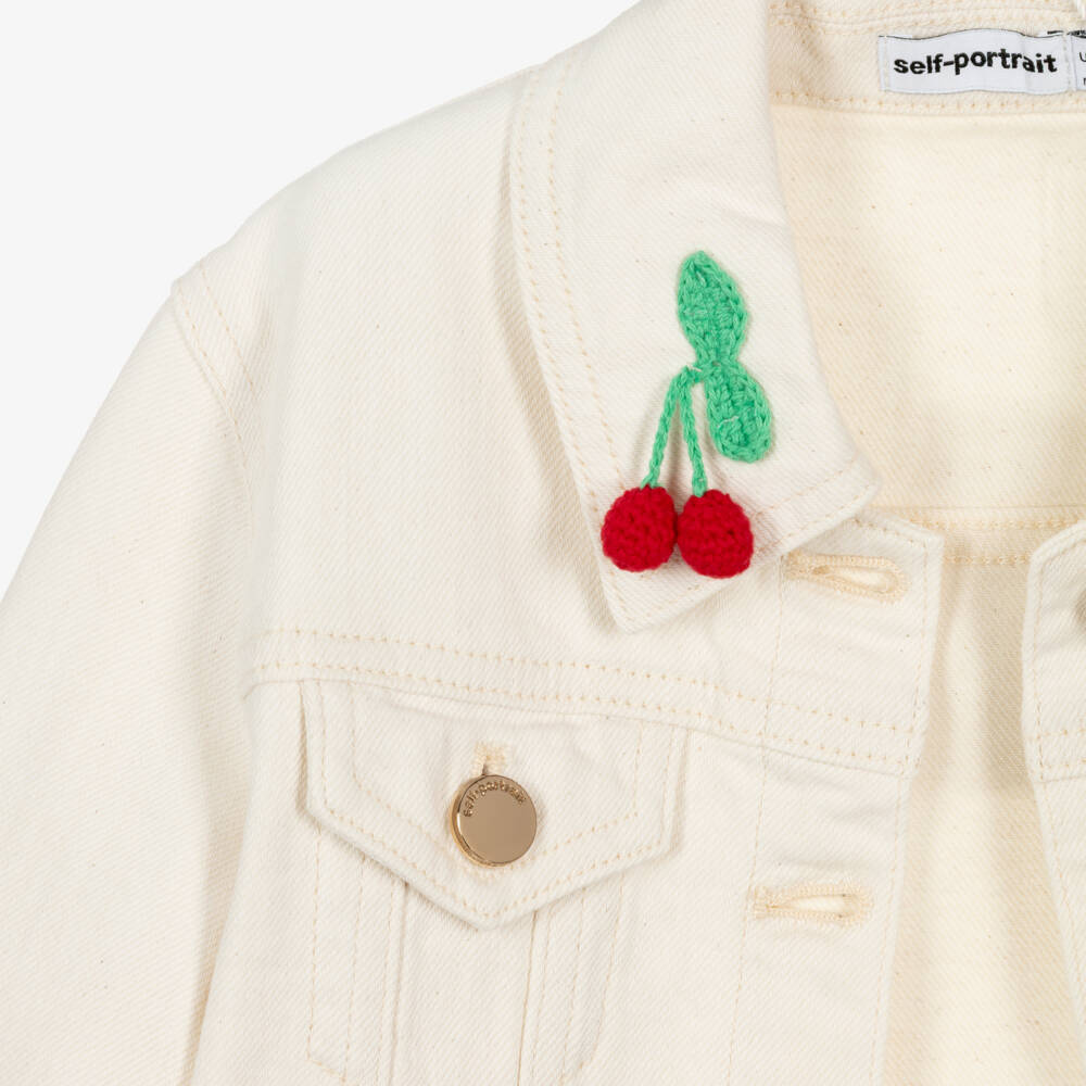 Self-Portrait-Girls Ivory Denim Jacket with Cherry Motifs | Childrensalon Outlet
