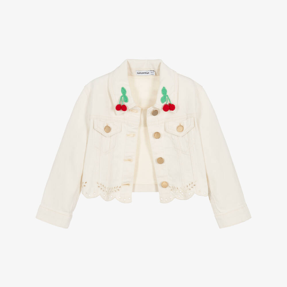 Self-Portrait-Girls Ivory Denim Jacket with Cherry Motifs | Childrensalon Outlet