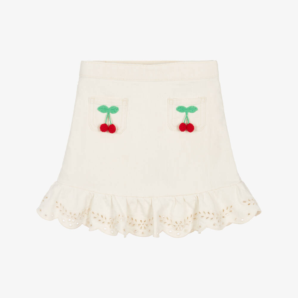Self-Portrait-Girls Ivory Denim Skirt with Cherry Motifs | Childrensalon Outlet