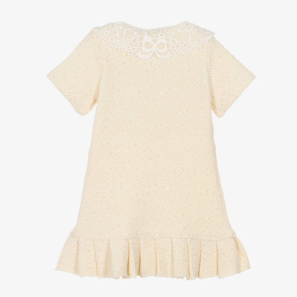 Self-Portrait-Girls Ivory Knitted Jersey & Lace Dress | Childrensalon Outlet
