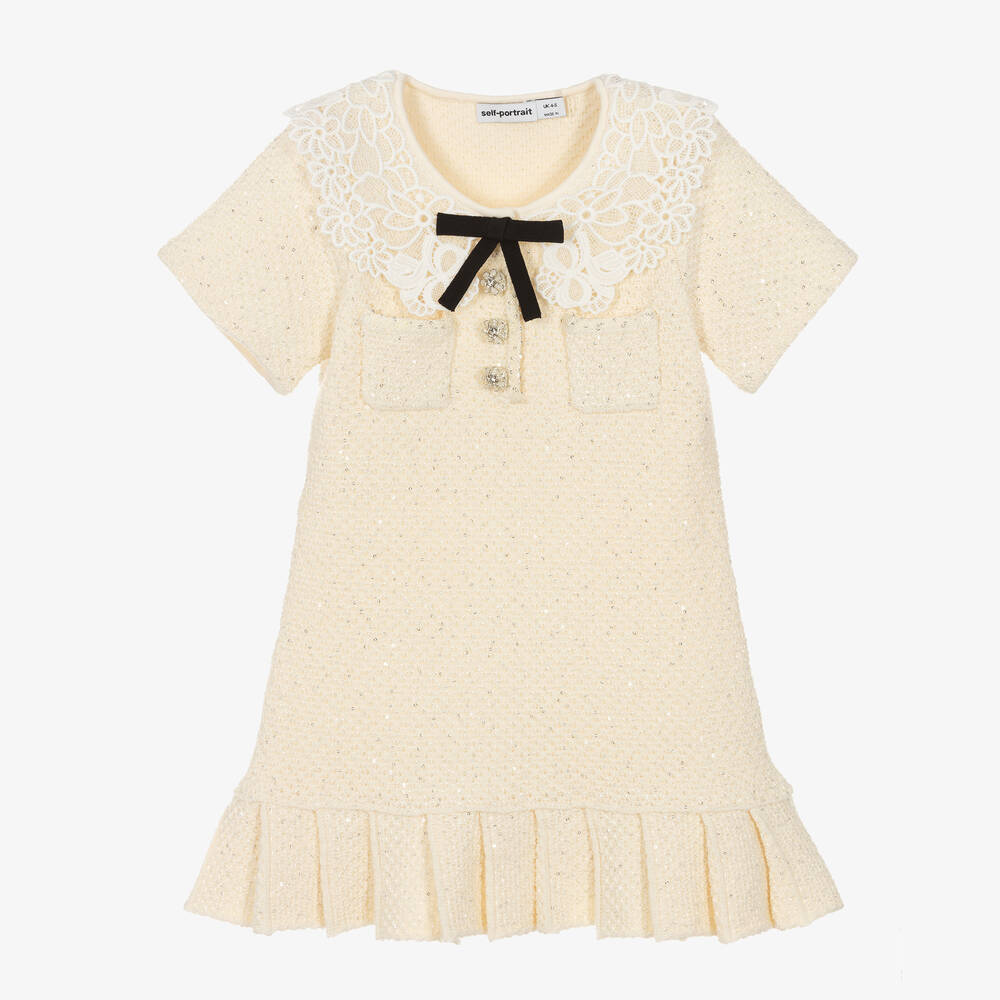 Self-Portrait-Girls Ivory Knitted Jersey & Lace Dress | Childrensalon Outlet