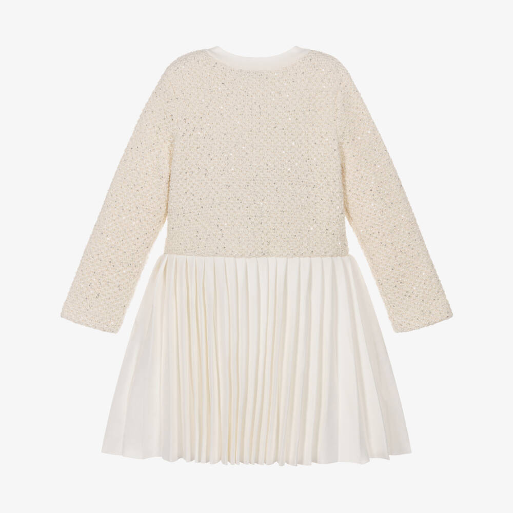 Self-Portrait-Girls Ivory Knitted Pleated Dress with Pearl Bows | Childrensalon Outlet