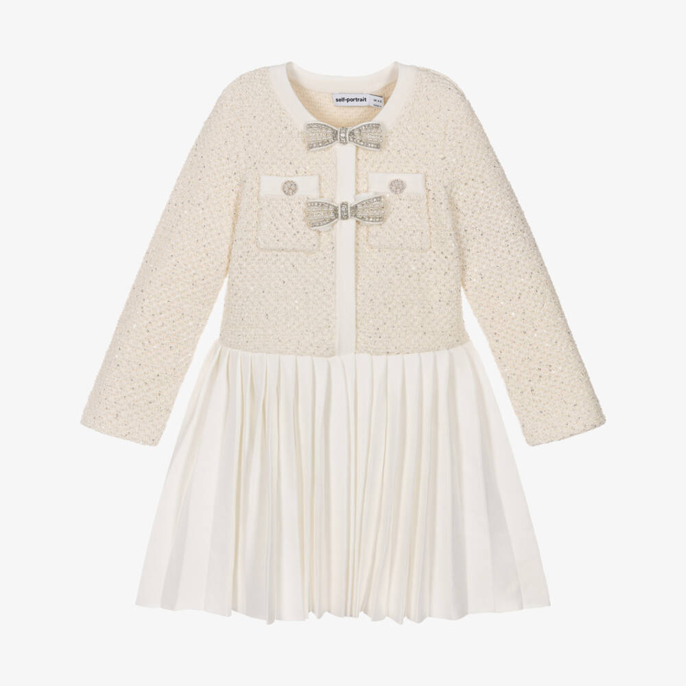 Self-Portrait-Girls Ivory Knitted Pleated Dress with Pearl Bows | Childrensalon Outlet