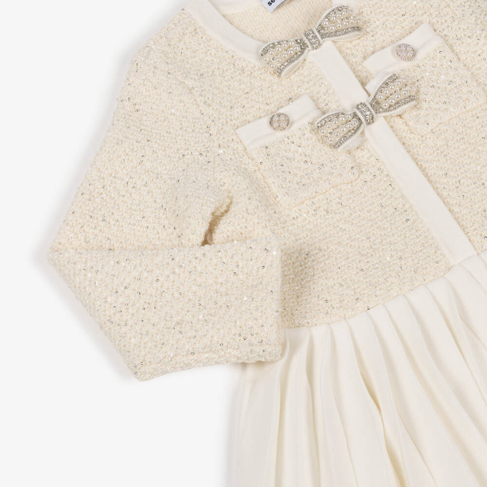 Self-Portrait-Girls Ivory Knitted Pleated Dress with Pearl Bows | Childrensalon Outlet