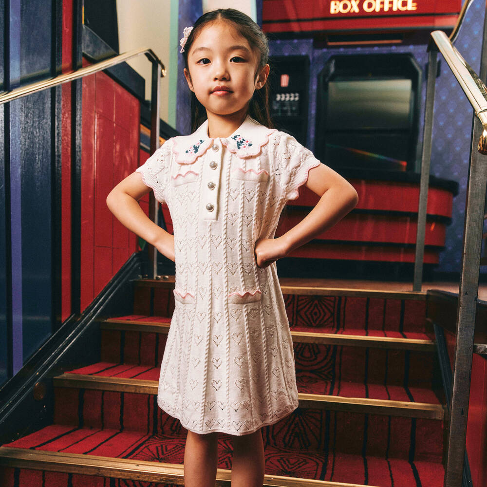 Self-Portrait-Girls Ivory Pointelle Knit Heart Patterned Dress | Childrensalon Outlet