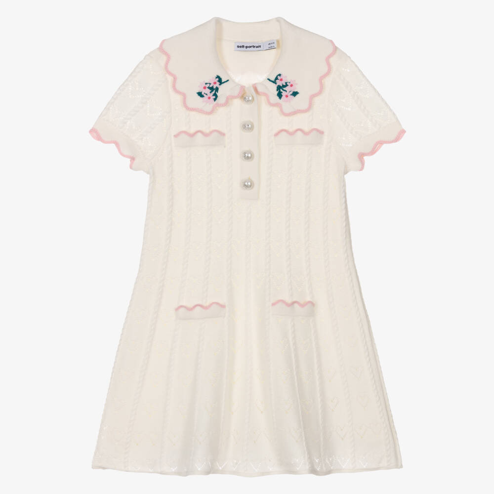 Self-Portrait-Girls Ivory Pointelle Knit Heart Patterned Dress | Childrensalon Outlet