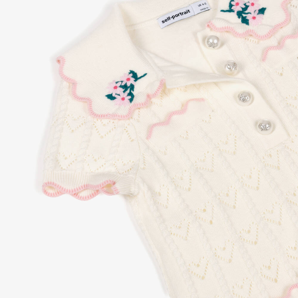 Self-Portrait-Girls Ivory Pointelle Knit Heart Patterned Dress | Childrensalon Outlet